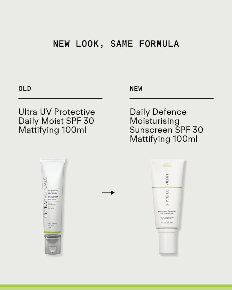 Ultraceuticals Daily Defence Moisturising Sunscreen SPF 30 Mattifying with oil-control benefits for combination and oily skin.