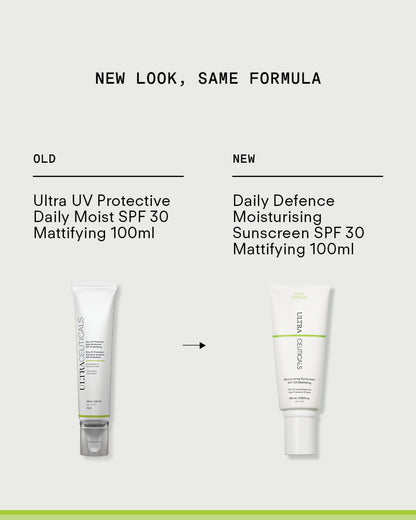 Ultraceuticals Daily Defence Moisturising Sunscreen SPF 30 Mattifying with oil-control benefits for combination and oily skin.