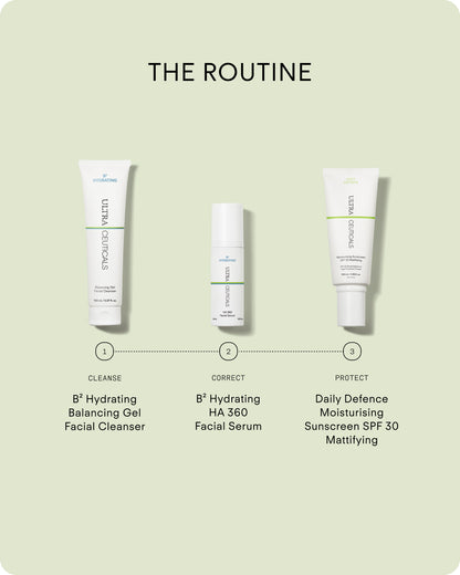 Ultraceuticals daily skincare routine for hydration, skin barrier support and broad-spectrum SPF 30 protection.