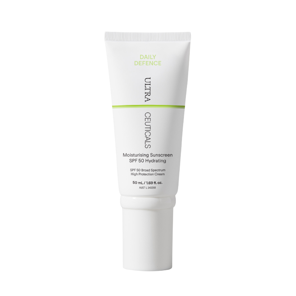 Ultraceuticals Daily Defence Moisturising Sunscreen SPF 50 Hydrating 50ml for broad-spectrum UVA and UVB protection with lasting hydration.