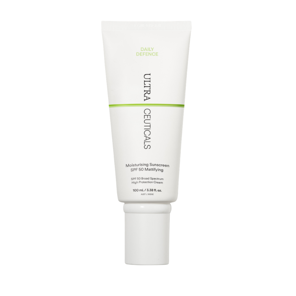 Ultraceuticals Daily Defence Moisturising Sunscreen SPF 50 Mattifying for high UVA UVB protection, oil control and shine reduction.