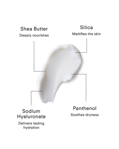 Ultraceuticals Daily Defence Moisturising Sunscreen SPF 50 Mattifying with silica, shea butter, sodium hyaluronate and panthenol for oil control and balanced hydration.