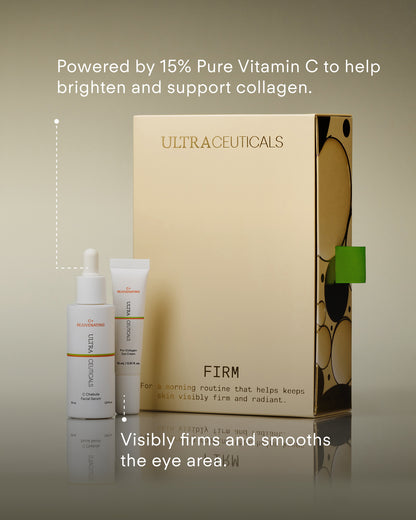 Ultraceuticals Firm Holiday Gift Set featuring 15% pure Vitamin C, Chebula Extract and collagen-supporting peptides to improve skin firmness, elasticity and fine lines.
