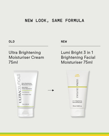Ultraceuticals Lumi Bright 3 in 1 Brightening Facial Moisturiser, formerly Ultra Brightening Moisturiser Cream, for brighter hydrated skin.