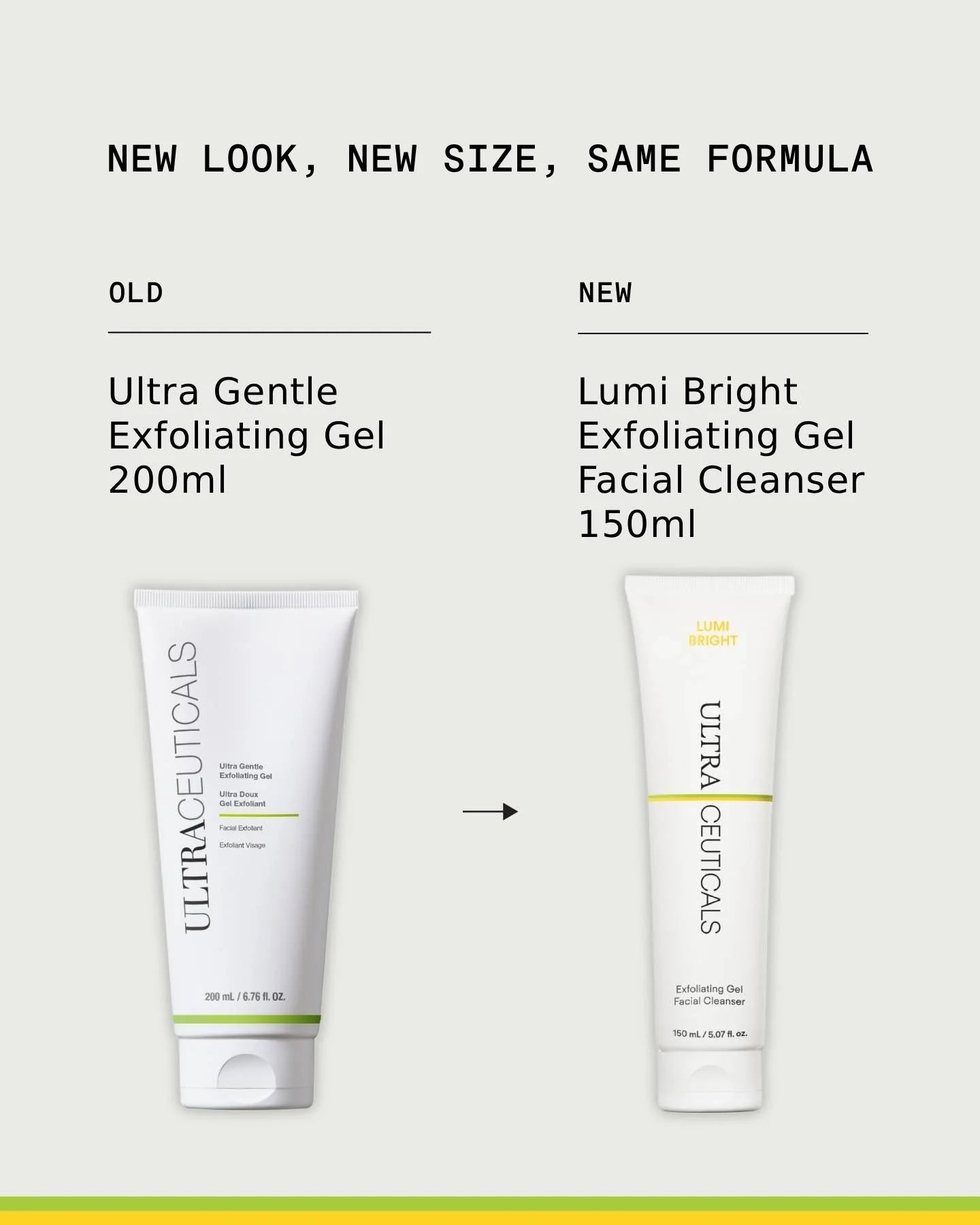 Ultraceuticals Lumi Bright Exfoliating Gel Facial Cleanser updated packaging image showing new look and size change with the same brightening exfoliating cleanser formula for smoother, clearer and more radiant-looking skin.