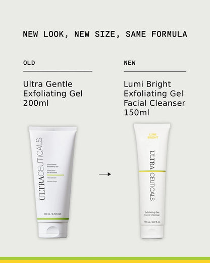 Ultraceuticals Lumi Bright Exfoliating Gel Facial Cleanser updated packaging image showing new look and size change with the same brightening exfoliating cleanser formula for smoother, clearer and more radiant-looking skin.