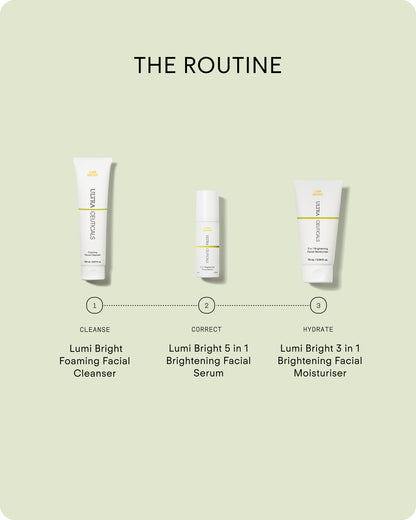 Ultraceuticals Lumi Bright skincare routine with Foaming Facial Cleanser, brightening serum and moisturiser for more even radiant skin.