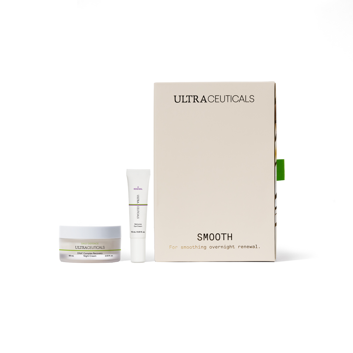 Ultraceuticals Smooth Holiday Gift Set with Ultraceuticals A Renewal Retinome Eye Cream 15ml and Ultraceuticals DNA³ Complex Recovery Night Cream 60ml for fine lines, wrinkles and skin renewal.