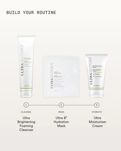 Ultraceuticals Ultra B² Hydrating Mask Pack of 3 hydrating treatment routine with Ultra Brightening Foaming Cleanser and Ultra Moisturiser Cream for refreshed skin.