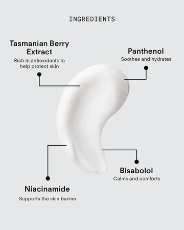 Ultraceuticals Ultra B² Recovery Cream ingredients featuring Tasmanian berry extract, panthenol, bisabolol and niacinamide for calming hydration and barrier support.