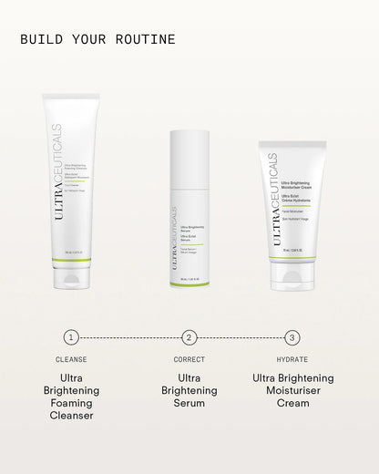 Ultraceuticals Ultra Brightening Serum skincare routine with brightening cleanser and moisturiser for uneven skin tone and luminosity.
