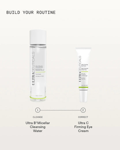 Ultraceuticals Ultra C Firming Eye Cream morning skincare routine with Ultra B² Micellar Cleansing Water for eye area firming and brightening care.