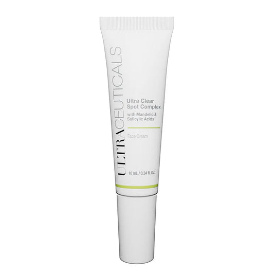 Ultraceuticals Ultra Clear Spot Complex targeted blemish treatment with mandelic acid and salicylic acid for congested breakout-prone skin.
