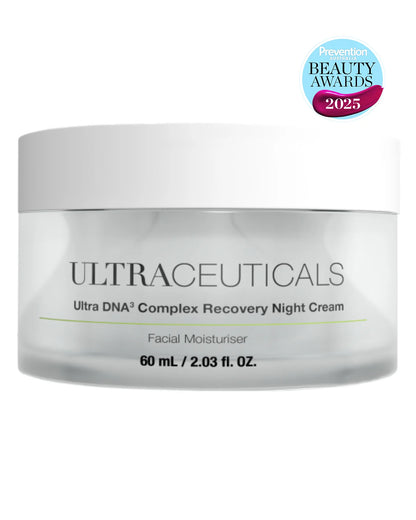 Ultraceuticals Ultra DNA³ Complex Recovery Night Cream award-winning overnight moisturiser for skin recovery hydration smoothness and overnight barrier support.