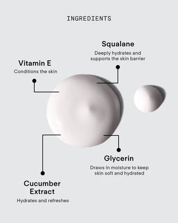 Ultraceuticals Ultra Hydrating Milk Cleanser with vitamin E, squalane, glycerin and cucumber extract for hydration and skin barrier support.