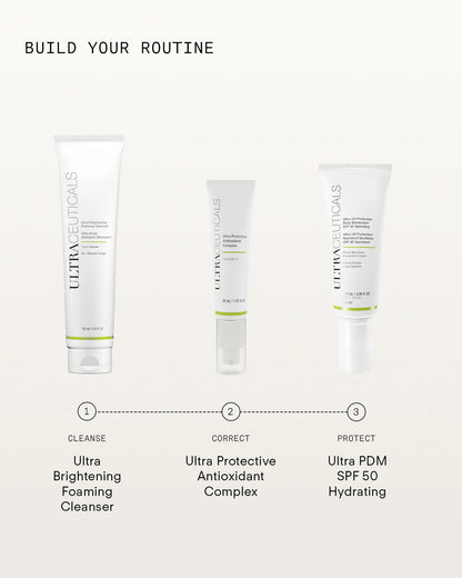 Ultraceuticals Ultra Protective Antioxidant Complex morning skincare routine with cleanser and SPF for antioxidant protection and daily environmental defence.
