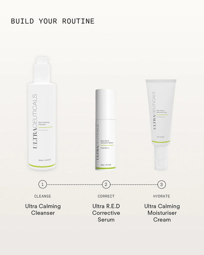 Ultraceuticals Ultra R.E.D Corrective Serum skincare routine with Ultra Calming Cleanser and Ultra Calming Moisturiser Cream for reactive skin.