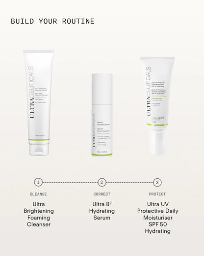 Ultraceuticals Ultra UV Protective Daily SPF 50 Hydrating morning skincare routine with cleanser, hydrating serum and daily SPF 50 protection.