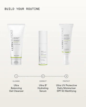 Ultraceuticals Ultra UV Protective Daily SPF 50 Mattifying skincare routine for oily and combination skin with cleanser, hydrating serum and daily SPF 50 protection.