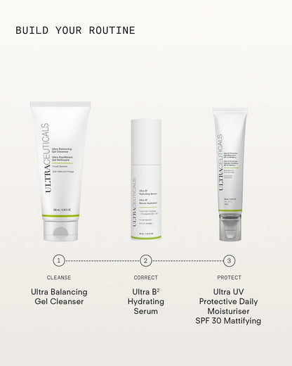 Ultraceuticals Ultra UV Protective Daily Moisturiser SPF 30 Mattifying morning routine with Ultra Balancing Gel Cleanser and Ultra B² Hydrating Serum.