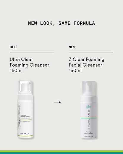 Ultraceuticals Z Clear Foaming Facial Cleanser 150ml new packaging for the former Ultra Clear Foaming Cleanser acne and congestion formula.