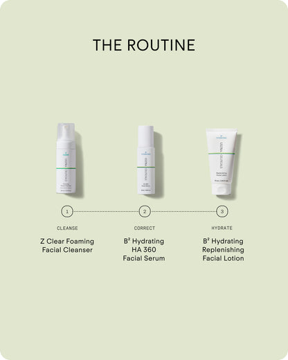 Ultraceuticals Z Clear skincare routine with Foaming Facial Cleanser, B² Hydrating HA 360 Serum and Replenishing Facial Lotion.