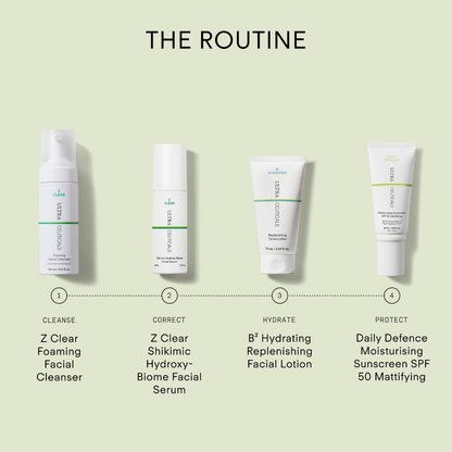 Ultraceuticals Z Clear skincare routine for breakout-prone skin with Shikimic Hydroxy-Biome Serum, hydrating lotion and SPF 50.