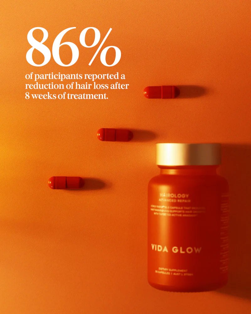 Vida Glow Advanced Repair Hairology clinically studied hair growth support with visible reduction in shedding and healthier hair density.
