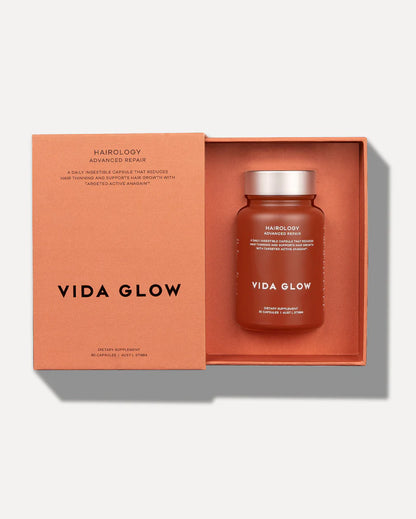 Vida Glow Advanced Repair Hairology premium ingestible haircare formula for hair repair, density support and healthier-looking growth.