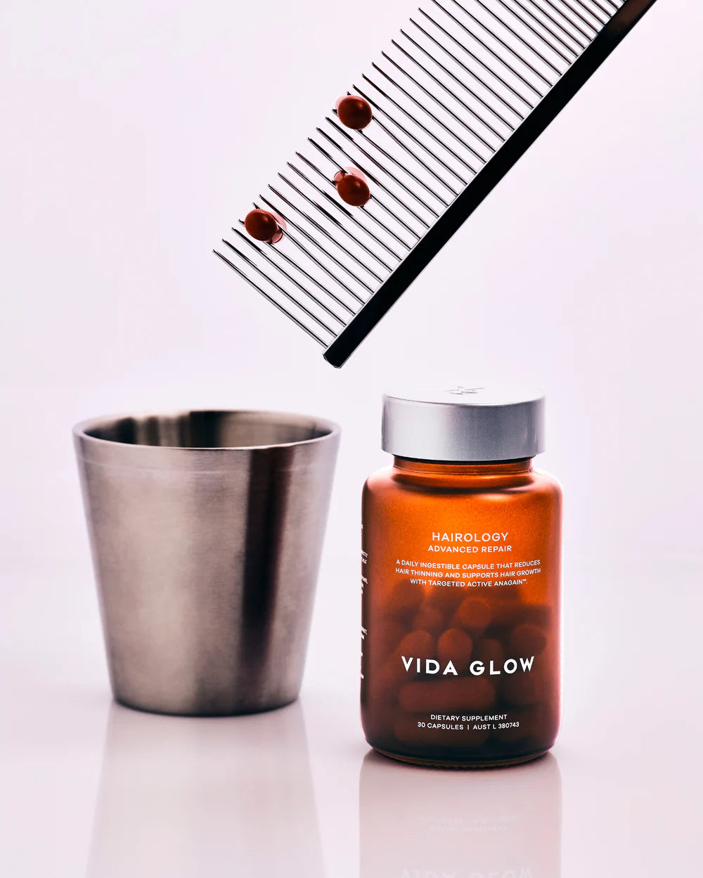 Vida Glow Advanced Repair Hairology daily capsule formula for hair growth support, scalp health and improved hair density.