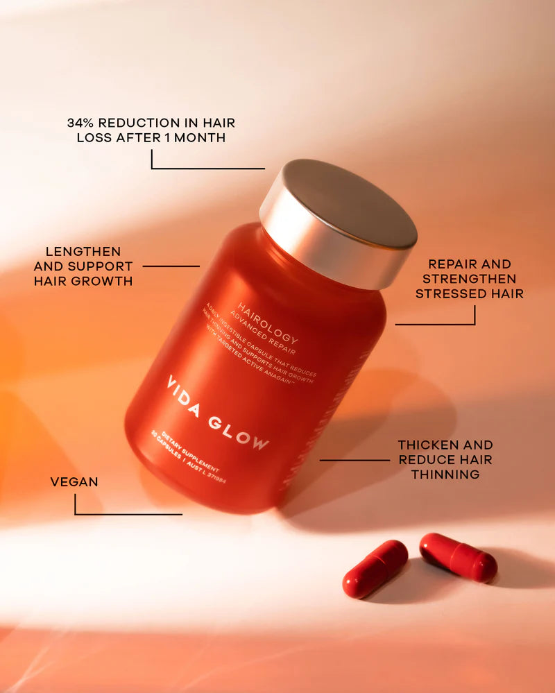 Vida Glow Advanced Repair Hairology ingestible hair repair supplement targeting thinning, breakage and weakened follicles.