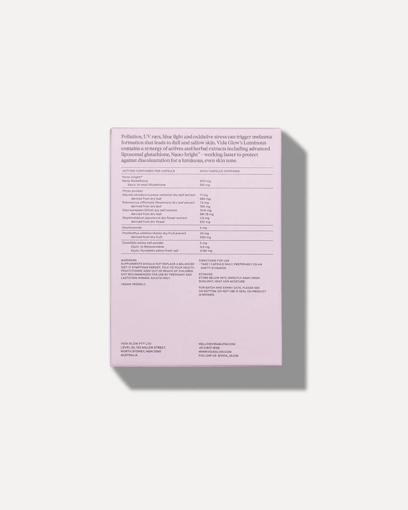 Vida Glow Advanced Repair Luminous back-of-pack formula image featuring active ingredients for skin brightening, luminosity and tone support.