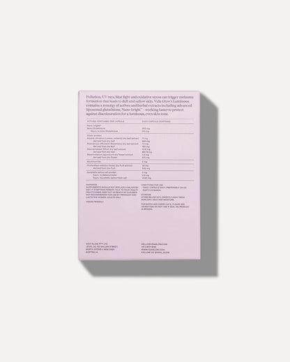 Vida Glow Advanced Repair Luminous back-of-pack formula image featuring active ingredients for skin brightening, luminosity and tone support.