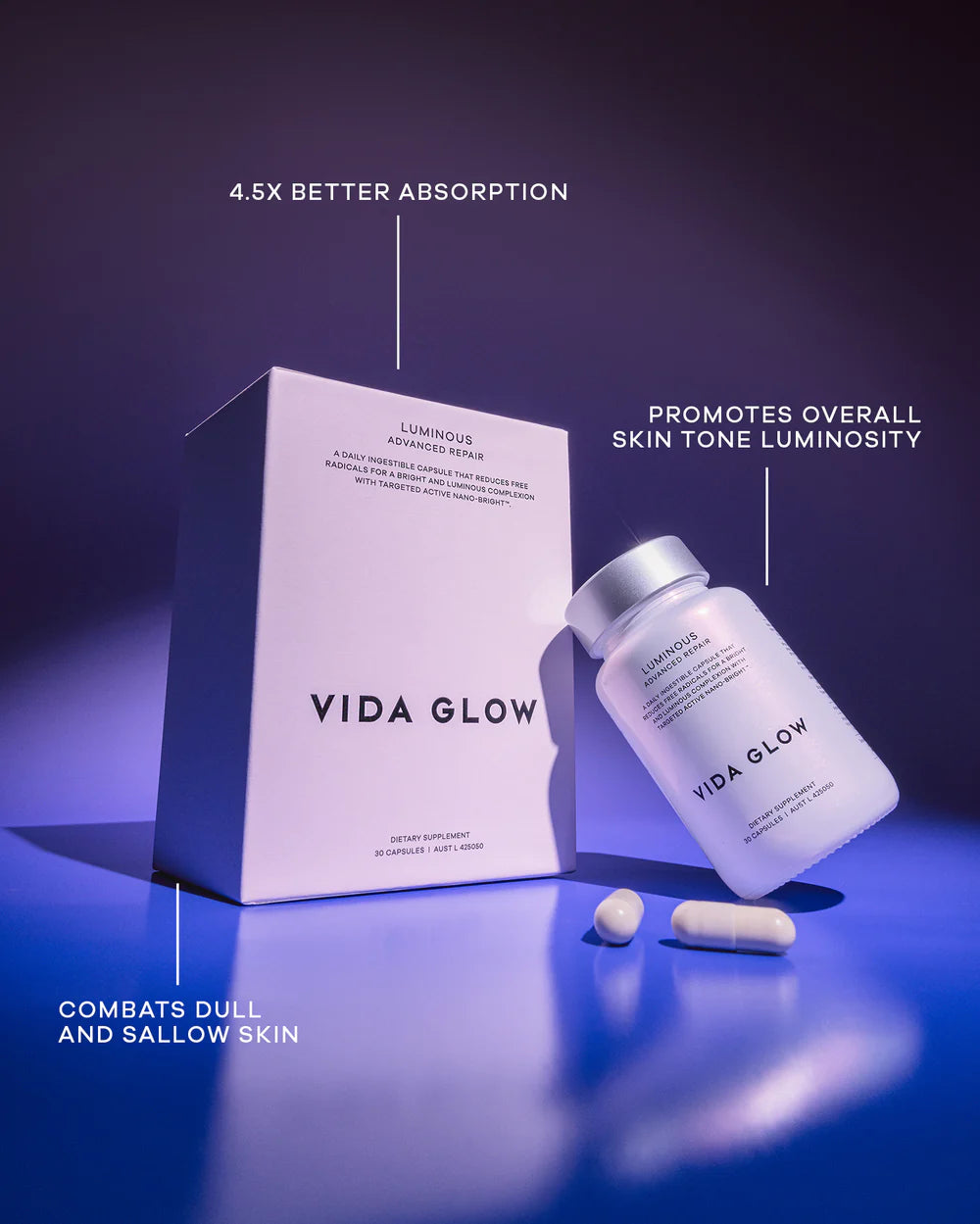 Vida Glow Advanced Repair Luminous advanced brightening capsules highlighting skin luminosity, improved tone and enhanced absorption technology.