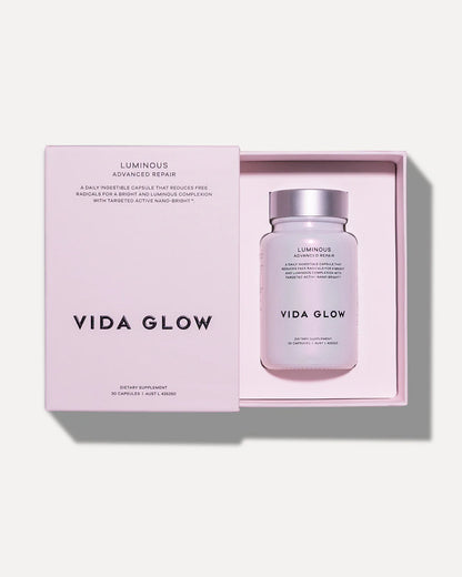 Vida Glow Advanced Repair Luminous premium gift-style packaging for advanced skin brightening, luminosity and daily antioxidant support.