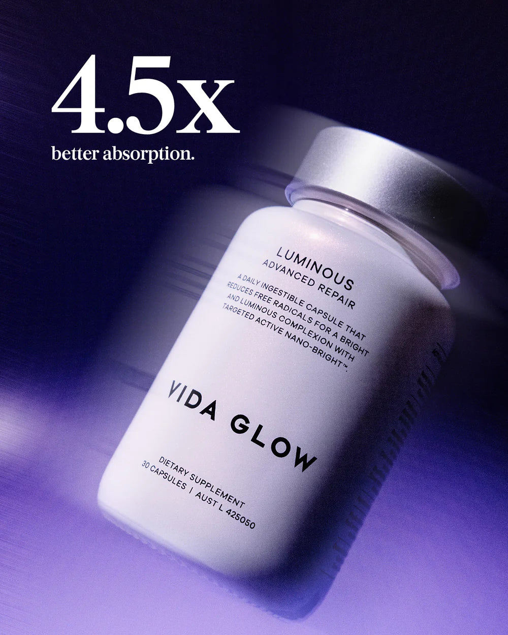 Vida Glow Advanced Repair Luminous campaign image focused on enhanced absorption for advanced skin brightening and radiance support.