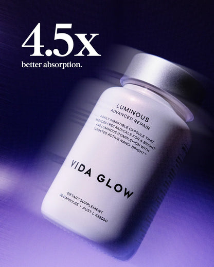 Vida Glow Advanced Repair Luminous campaign image focused on enhanced absorption for advanced skin brightening and radiance support.
