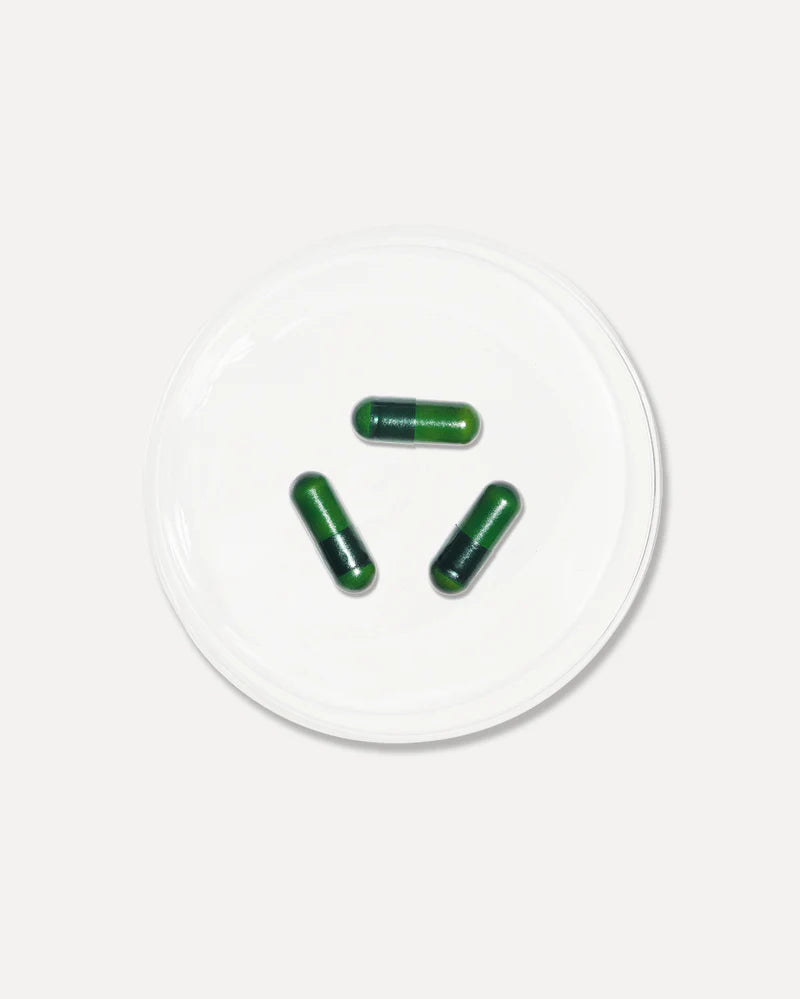 Vida Glow Advanced Repair Radiance+ green capsules for daily ingestible support targeting pigmentation and skin radiance.