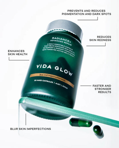 Vida Glow Advanced Repair Radiance+ formula highlighting pigmentation support, skin clarity and a more even complexion.
