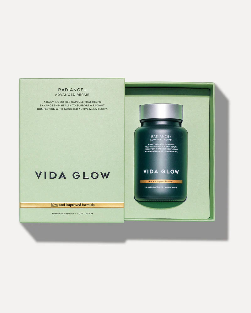Vida Glow Advanced Repair Radiance+ bottle and carton packaging for pigmentation, redness and dark spot support.