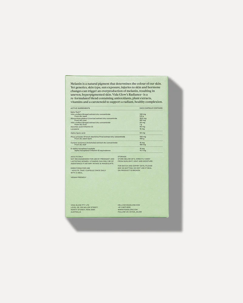 Vida Glow Advanced Repair Radiance+ back packaging showing ingredients, directions and supplement information.