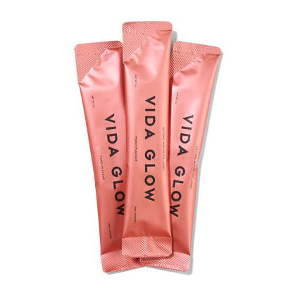Vida Glow Natural Marine Collagen Peach marine collagen sachets. Peach flavoured collagen supplement for skin firmness and glow.