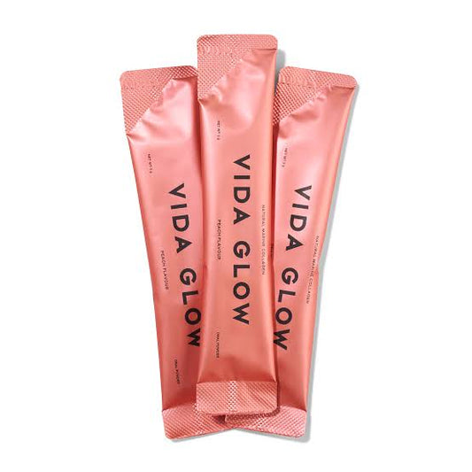 Vida Glow Natural Marine Collagen Peach marine collagen sachets. Peach flavoured collagen supplement for skin firmness and glow.