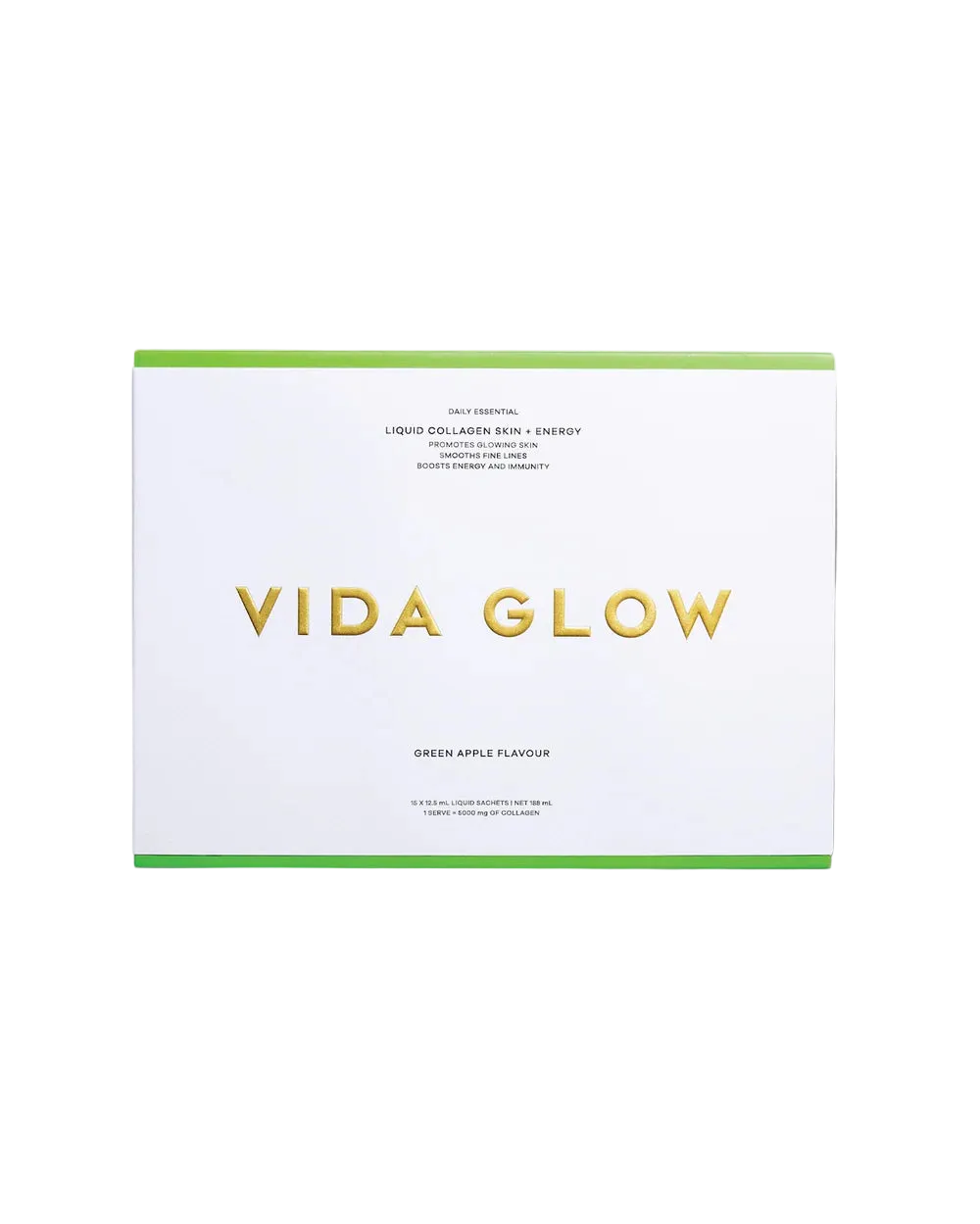Vida Glow Liquid Collagen Skin + Energy Green Apple liquid collagen sachets for skin firmness, hydration, energy and immune support.