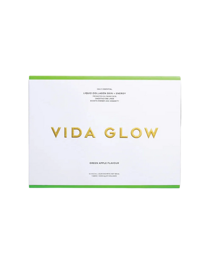 Vida Glow Liquid Collagen Skin + Energy Green Apple liquid collagen sachets for skin firmness, hydration, energy and immune support.