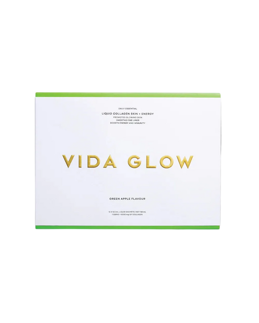 Vida Glow Liquid Collagen Skin + Energy Green Apple liquid collagen sachets for skin firmness, hydration, energy and immune support.