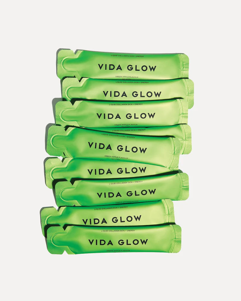 Vida Glow Liquid Collagen Skin + Energy Green Apple convenient daily liquid collagen sachets for skin glow, elasticity and vitality.