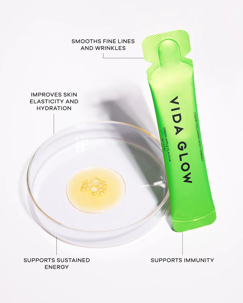 Vida Glow Liquid Collagen Skin + Energy Green Apple with marine collagen, CoQ10, red ginseng and green tea extract for skin, energy and immunity.