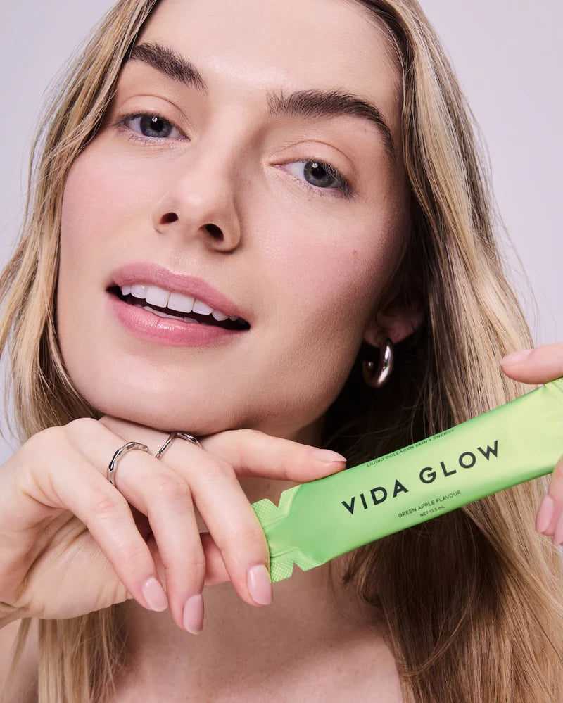 Vida Glow Liquid Collagen Skin + Energy Green Apple beauty supplement for firmer-looking skin, hydration support and daily collagen replenishment.