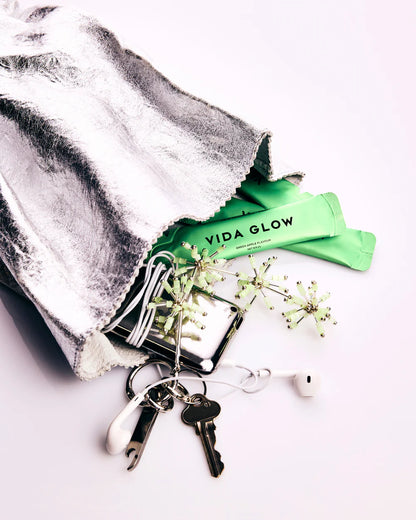 Vida Glow Liquid Collagen Skin + Energy Green Apple on-the-go liquid collagen sachets for daily skin health and sustained energy.